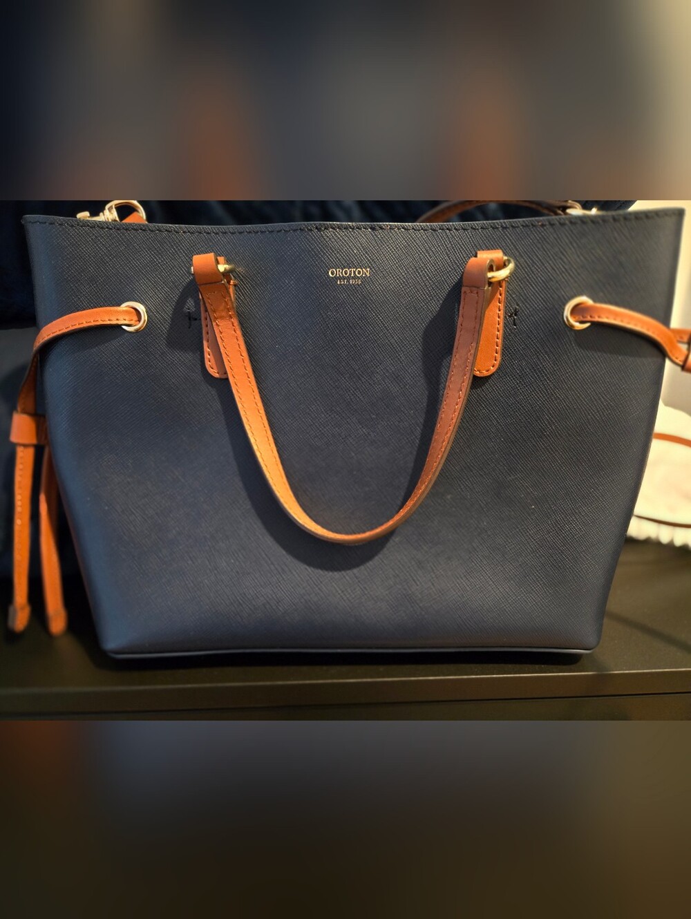 Oroton - Small Navy and Tan Leather Tote with Crossbody Strap
